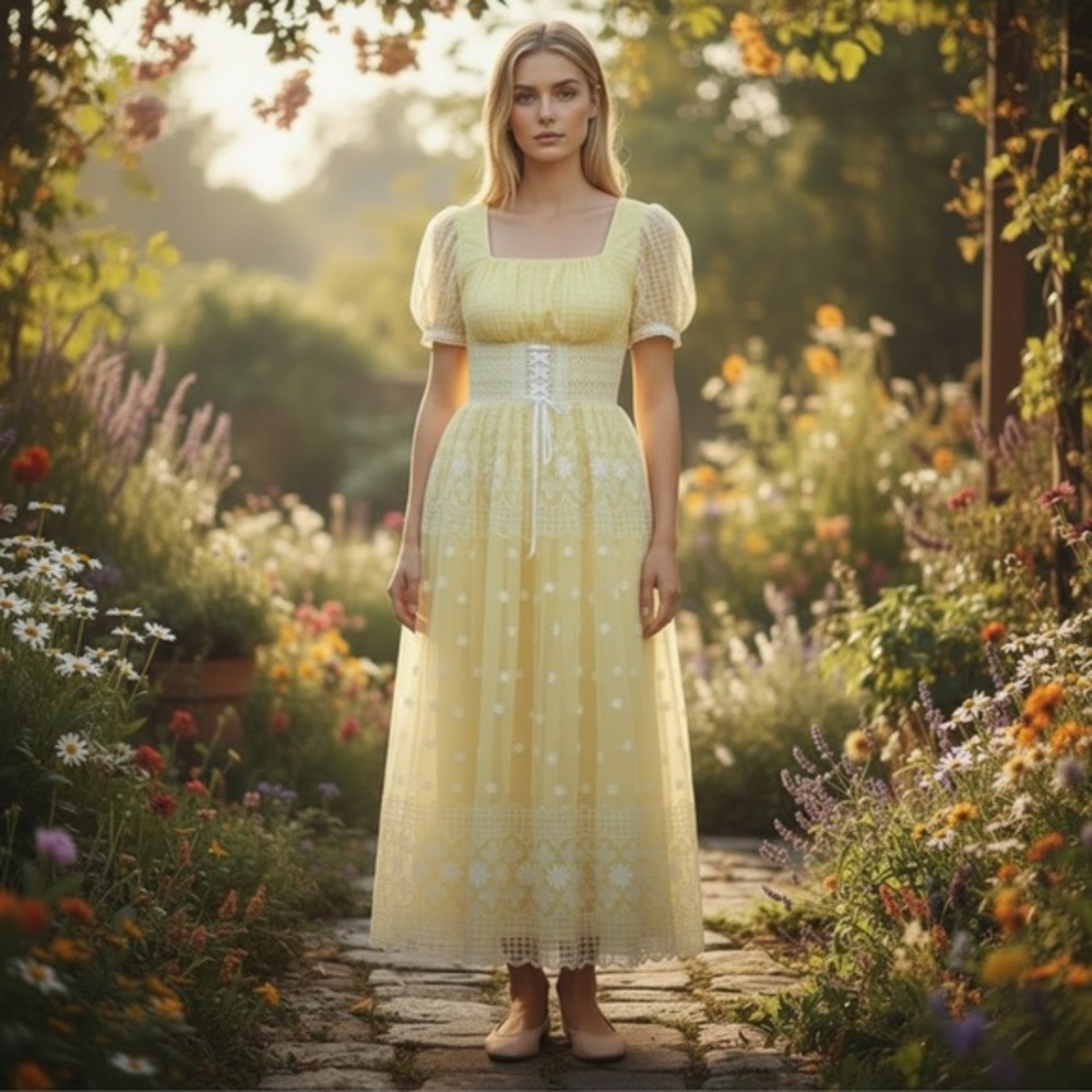 Vintage 1960s-70s Yellow Maxi Dress - Floral - Prom Wedding - Vintage